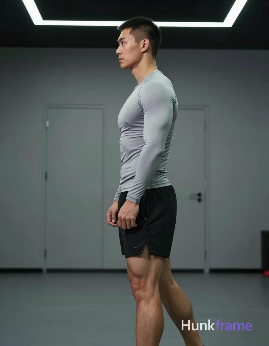 an anonymous figure man with short black buzz cut and clean-shaven face, standing in profile facing left; He wears a light grey long-sleeve compression shirt covering the torso and black athletic shorts on thick thighs; Right arm bent with hand near waistband of shorts, left leg slightly forward; Vertical portrait orientation 832x1216 canvas full body shot from knees up center-left; Indoor gym setting with double door background; Overhead fluorescent strip lights casting cool directional shadows creating sculpted light and implied exposure teasing pose, same aesthetic theme and photo feel as the reference but a different man in a different pose with distinct body proportions, Chinese man, light tan skin, high cheekbones, lean wiry martial-arts physique; single clean uninterrupted photograph with a cohesive editorial composition and plain continuous surrounding surfaces