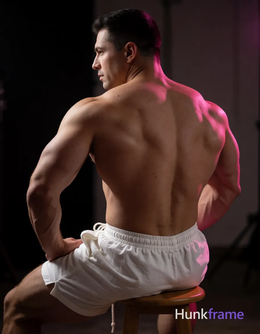 Heavily muscular adult man with substantial muscle mass, wide shoulders, thick neck, large chest and arms, powerful thighs, and dense bodybuilding proportions; A muscular adult man with short dark hair and clean-shaven jaw sits shirtless on a wooden stool, viewed from behind-left in profile; He wears white loose-fitting shorts with an elastic waistband and drawstring detail at the front center; His left hand rests on his thigh near hip while right arm bends forearm against side of body; head turns slightly to viewer's right; Sculpted upper back displays defined latissimus dorsi, trapezius muscles, prominent shoulder definition, and visible abdominal musculature along lower torso; Entire back from neck to waistline is exposed with shoulders and upper arms shown; Indoor studio setting features dark indistinct background suggesting shallow depth of field; Strong directional pink rim light casts highlights on spine, shoulders, hair edge; soft fill creates subtle shadows across muscles; High contrast moody chiaroscuro fine-art athletic photography portrait composition centered occupying majority vertical frame; single clean uninterrupted photograph with a cohesive editorial composition and plain continuous surrounding surfaces