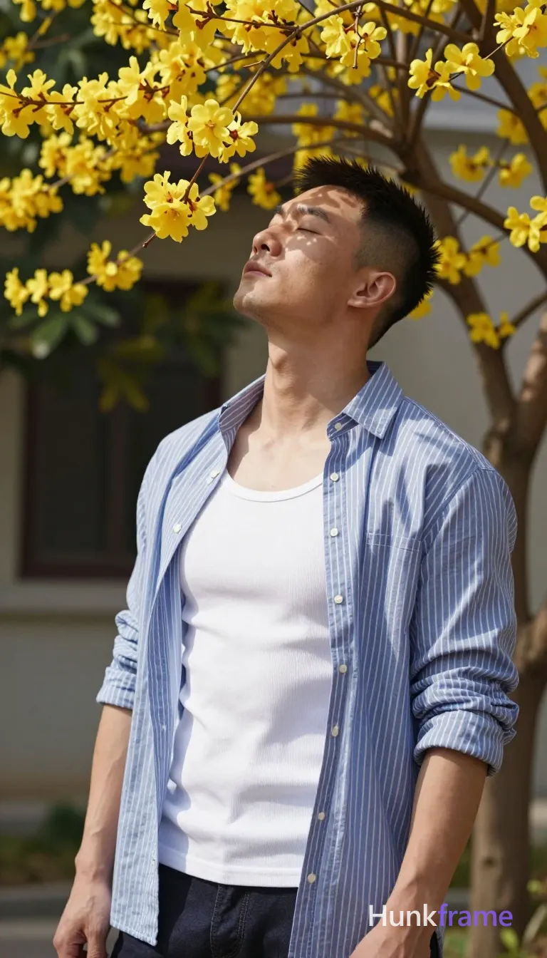Asian man with short dark undercut hair and clean-shaven face, serene expression eyes closed tilting head upward toward yellow blossoms; Standing upright slight lean back arms relaxed at sides wearing blue-and-white vertically striped button-down shirt sleeves rolled to mid-forearm over white ribbed tank top visible neckline torso coverage artistic partial nude chest exposed broad shoulders defined pectorals and abdominal muscles outdoors under flowering tree with green leaves blurred architectural background natural sunlight from above-left casting dappled shadows shallow depth of field fine-art photography dramatic lighting sculpted masculine form vertical portrait 13:19 aspect ratio; single clean uninterrupted photograph with a cohesive editorial composition and plain continuous surrounding surfaces