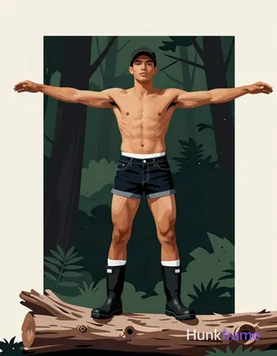 A bold flat-color wall art graphic of a shirtless Caucasian man with light mediu