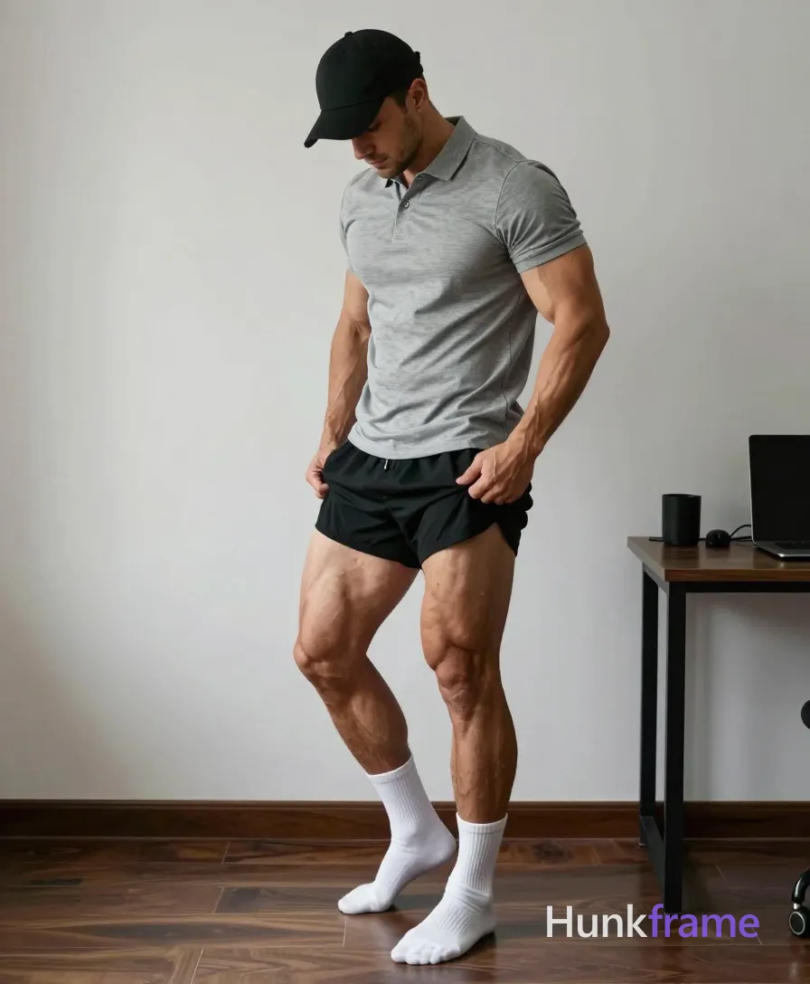 A handsome adult man with light to medium tan skin stands sideways in a minimalist room, head bowed under a black baseball cap; He wears a heather grey short-sleeve polo buttoned at the second collar and pulls up his black athletic shorts with both hands, exposing thick thighs and defined calves while weight shifts onto the right leg; White crew socks meet bare feet on dark wood flooring; desk equipment sits to the right; Soft directional natural light from the right casts subtle shadows across sculpted muscle definition in this fine-art photography editorial shot; single clean uninterrupted photograph with a cohesive editorial composition and plain continuous surrounding surfaces