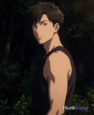Polished anime style portrait of an Asian man with short dark brown tousled hair and side-swept bang
