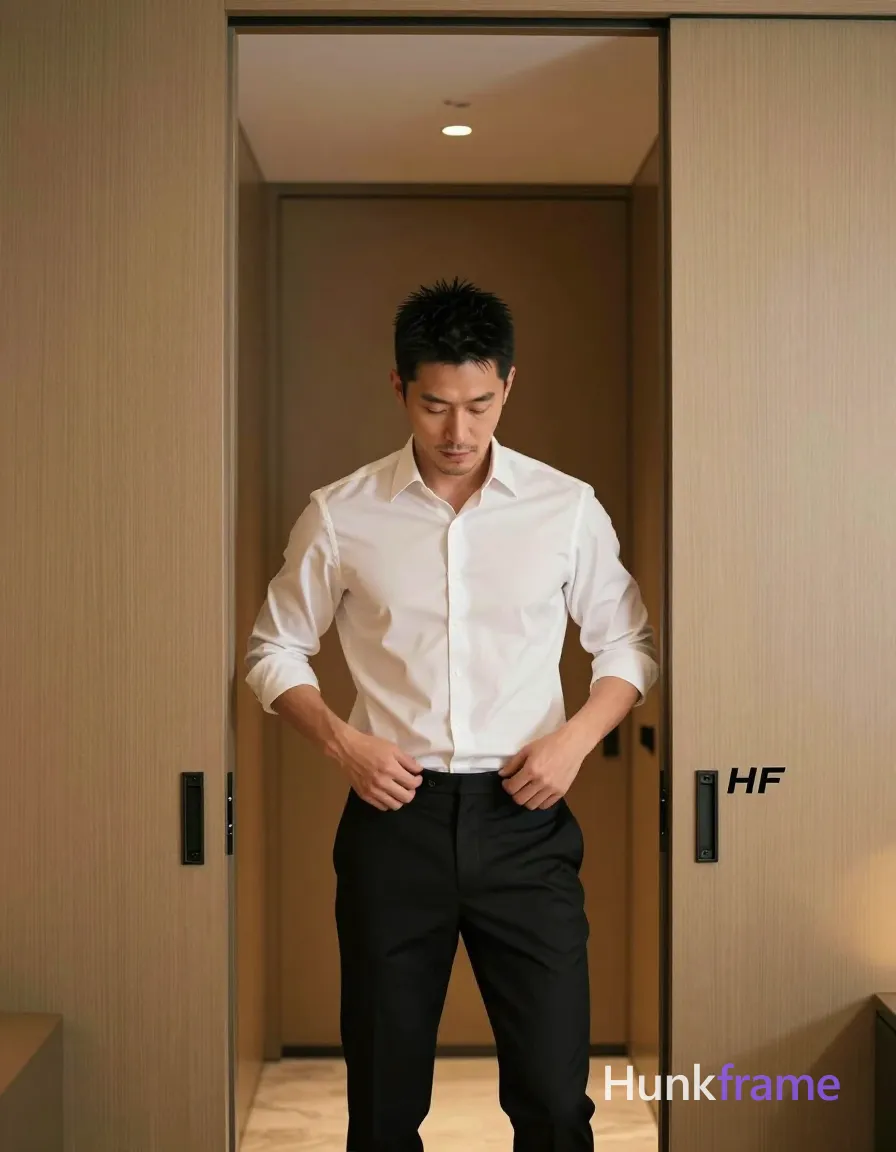 Asian man with short spiky black hair, light-medium skin, clean-shaven chin and upper lip with light jawline stubble; Shirtless adult standing upright in a doorway frame between wooden sliding doors, torso angled slightly leftward; Hands gripping waistband of black tailored trousers at hip level as if adjusting pants, fingers engaged on belt area; White long-sleeve button-up shirt sleeves rolled to forearm visible; Full-body shot from head to mid-thighs, vertical orientation 13:19 aspect ratio; Soft ambient indoor lighting with recessed ceiling spotlights casting even illumination; Minimalist decor high-end hospitality aesthetic in a luxury hotel room interior; Clean lines, composed mood, sophisticated atmosphere; FULL GARMENT TEXT REPLACEMENT: remove every source garment word, sentence, slogan, logo, and partial brand spelling from every existing print area, then replace those source marks with only the wordmark, spelled exactly "HF"; This is replacement, Repeated "HF" marks are allowed only where the source garment already had printed text; preserve appropriate placement, typography, color, and scale, logo, caption, username, hashtag; single clean uninterrupted photograph with a cohesive editorial composition and plain continuous surrounding surfaces