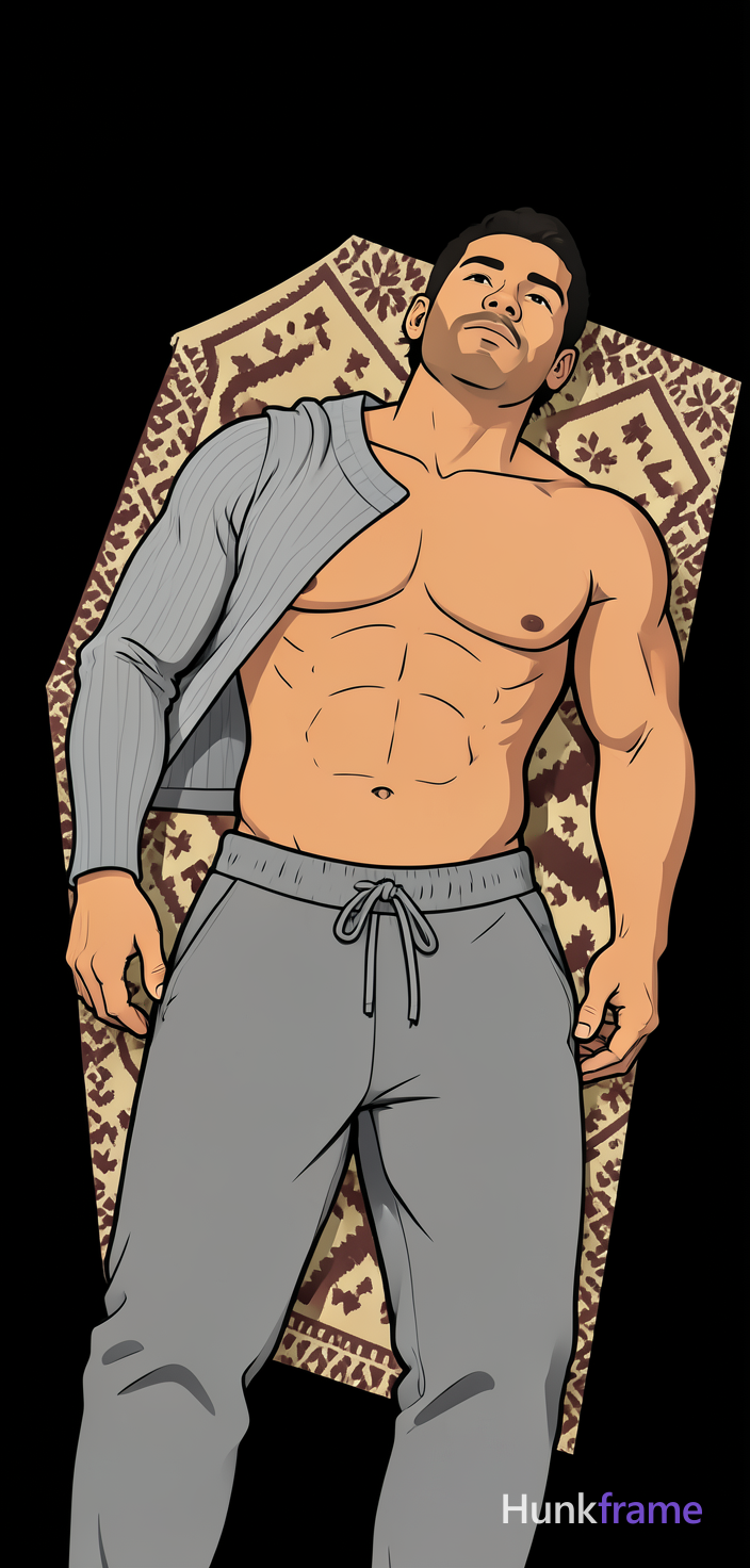 An iconic adult man lies supine on a patterned mat, torso exposed upward with ar