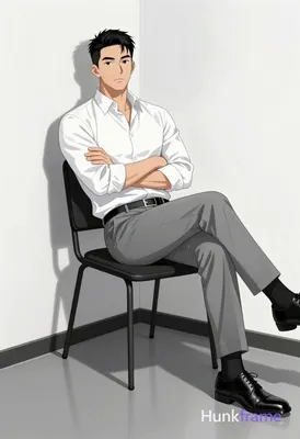 Polished anime style illustration of an Asian man with short black hair and clean-shaven face, neutr
