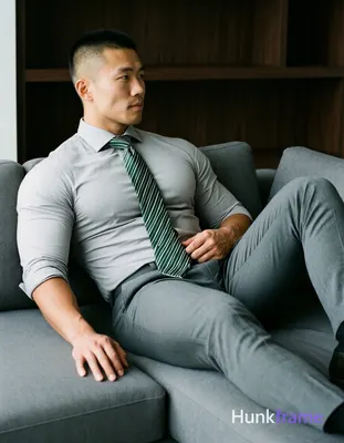 Asian man with short buzz cut and clean-shaven face reclining on a gray sectional sofa, torso angled