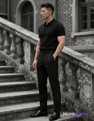 Adult man in profile facing left, standing on stone steps beside a railing with weathered brickwork 