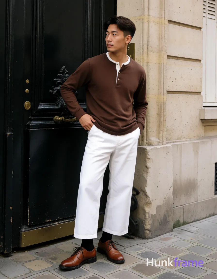 Asian man with light-medium skin and short dark brown undercut hair stands casually near the ornate black door, shifting weight slightly; He wears long-sleeved brown henley shirt with white trim at collar and placket buttons, white wide-leg trousers, black crew socks, and brown leather lace-up dress shoes; One hand rests on hip or pocket in candid lifestyle pose; Setting is urban street scene with light-colored stone walls and cobblestone ground under natural daylight; XHS lifestyle style mimicking candid iPhone rear-camera snapshot energy, trendy influencer vibe, vertical social-feed composition, clean-cut grooming; single clean uninterrupted photograph with a cohesive editorial composition and plain continuous surrounding surfaces