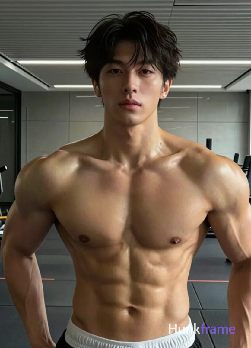 Photograph of exactly 1 adult man. Man 1: Asian, light to medium tan, oval with defined jawline, short, dark brown, textured top with fringe falling over forehead, clean-shaven, two small dark moles on upper chest near pectorals. Man 1 has fully exposed eyes, eyebrows, temples and nose bridge. Asian man light tan skin defined abs broad shoulders raised arms. Standing facing camera elbows bent inward hands obscured motion blur top edge. Shirtless bare chest abdomen white waistband visible lower right hip suggesting briefs. Vertical portrait close-up selfie framing head fills upper third centered torso upright. Indoor gym environment neutral grays metallics ceiling grid fluorescent lighting rubber flooring. Overhead artificial lights creating soft shadows on chest and abs naturalistic stylized fitness aesthetics. Fine-art photography dramatic sculpted lighting premium fashion-editorial aesthetic minimalist gym backdrop