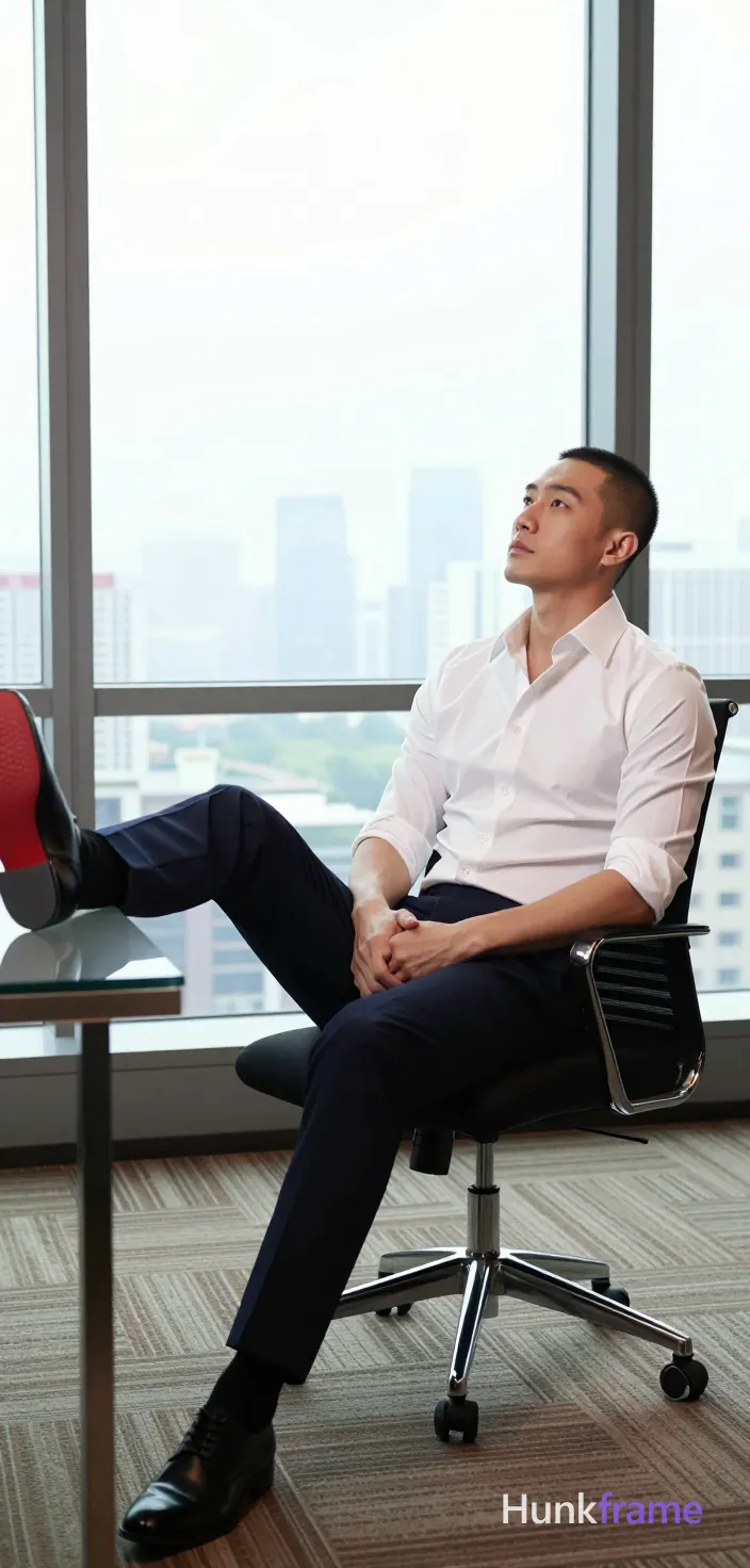 an anonymous figure man in his 30s with light to medium skin and a short black buzz cut, clean-shaven face gazing upward left. Seated in a black office chair with chrome base, leaning back slightly, hands clasped over lap. Right leg extended onto glass desk surface showing red shoe sole accent; left foot planted on brown patterned carpet. Wearing white button-down shirt sleeves rolled to elbows and dark navy dress trousers. Fully clothed lean build with defined shoulders. High contrast window light from floor-to-ceiling windows overlooking city skyline, soft interior ambient glow. Premium fashion-editorial framing, clean composition, vertical portrait 13:19 aspect ratio., a single uninterrupted photograph only, no written words or typography anywhere in frame, no captions, no app UI, no social-media post layout, no screenshot borders
