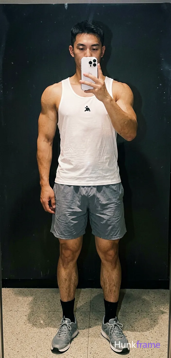 A handsome masculine man as a Xiaohongshu fitness influencer in a candid iPhone selfie; He stands facing forward, holding a white smartphone with both hands at chest level; right hand supports bottom edge while left thumb rests on side; Phone partially obscures lower face and upper torso; Shirtless adult with bare chest showing broad shoulders, defined pectorals, thick thighs; Wearing white sleeveless athletic tank top (an anonymous figure logo visible), grey knee-length shorts, black ankle socks, grey lace-up sneakers; Indoor mirror selfie setting; dark wall background, speckled light-colored floor; Direct flash or ring-light style frontal illumination with high contrast and deep shadows behind subject; Full-body shot from mid-thigh up to neck centered in frame; Vertical social-feed look with trendy vibe, real lifestyle scene capturing casual confidence, shot on iPhone 15 Pro main camera, authentic smartphone computational photography, natural Smart HDR and true-to-life skin texture, vertical 9:16 Xiaohongshu lifestyle feed, bright clean everyday scene, unretouched phone photo with subtle sensor grain, trendy Chinese internet 网红 aesthetic, candid; single clean uninterrupted photograph with a cohesive editorial composition and plain continuous surrounding surfaces