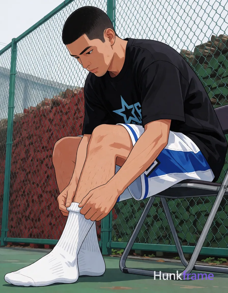 an anonymous figure adult man with short black buzz cut and light stubble on jawline, neutral focused downward gaze; Seated on folding chair outdoors against green chain-link fence, right leg forward adjusting white crew sock with both hands while left hand rests near ankle; Wearing black short-sleeve t-shirt with partially visible light blue star graphic, white basketball shorts with blue side panels mid-thigh waistband; Thick quadriceps and calves defined hamstrings slim waistline fully clothed adult; Vertical portrait 13:19 aspect ratio low-angle perspective center-right composition polished anime next-gen 3D game art style expressive face athletic anatomy high-quality character rendering natural daylight soft shadows overcast court surface red green stacked firewood background documentary realism sports lifestyle aesthetic; single clean uninterrupted artwork with a cohesive composition and plain continuous surrounding surfaces