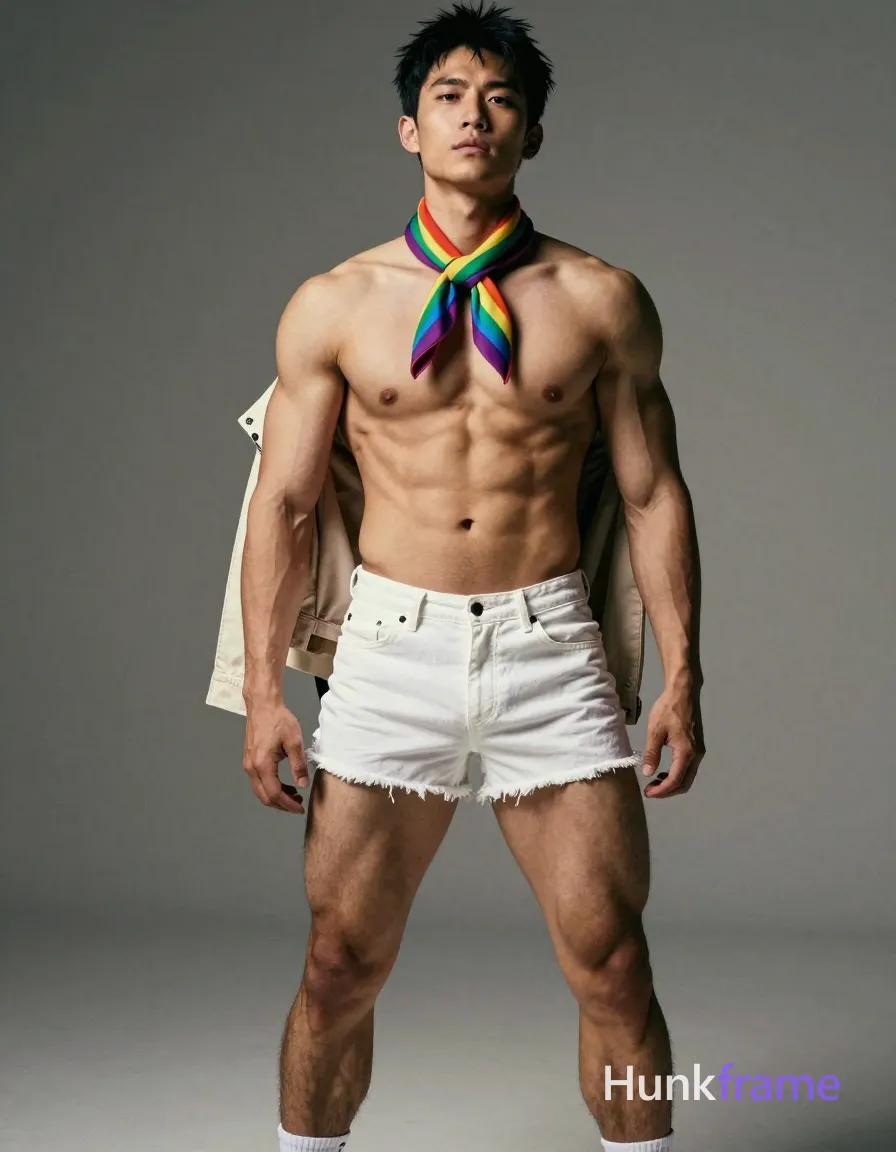 an anonymous figure man with sharp jaw, monolid eyes, and a slim swimmer build standing shirtless in soft lighting against a muted gray background. He wears a colorful rainbow scarf around his neck. The subject's natural black hair and lean yet athletic physique are showcased by the dramatic shadows and highlights, showing visible abs and muscular thighs. Natural skin texture and subtle film grain add to the realism of the image