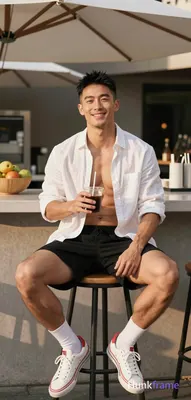 Asian man with light-medium skin and black short styled hair, clean-shaven face 