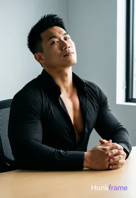Asian man with short black styled upward hair and clean-shaven face, seated at a
