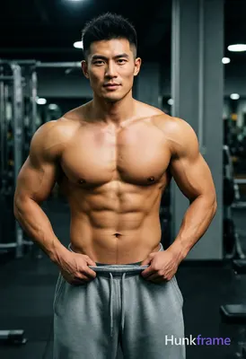 Photograph of exactly 1 adult man. Man 1: Asian, light tan, square jawline with defined cheekbones a
