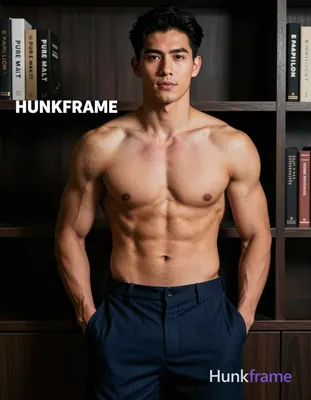 Asian man with short black hair styled back, clean-shaven face, neutral direct gaze standing center-