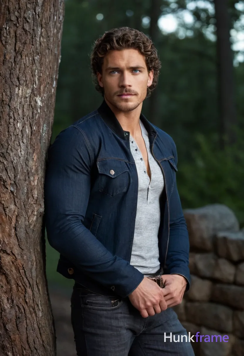 Handsome athletic man with curly brown hair, blue eyes, light skin, short beard and mustache, confident expression leaning against a stone wall in a park during twilight, dramatic warm lighting highlighting his defined abs, chest muscles, arms, shoulders, and legs in black jeans and gray jacket partially unbuttoned, full body showing muscular physique, 445:667 aspect ratio vertical portrait orientation