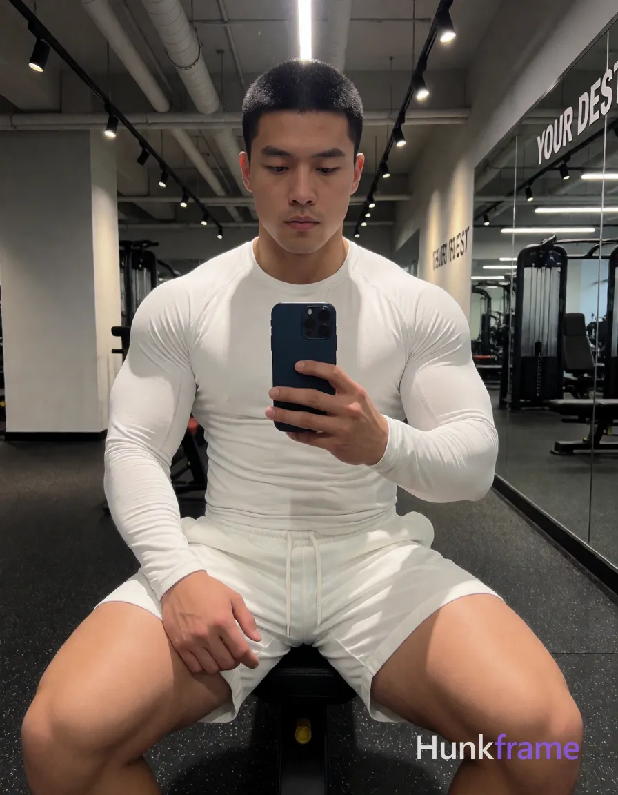 Heavily muscular adult man with substantial muscle mass, wide shoulders, thick neck, large chest and arms, powerful thighs, and dense bodybuilding proportions; Asian man with short black buzz cut and clean-shaven face, neutral direct gaze into mirror reflection, seated on gym bench facing forward; Shirtless adult wearing white long-sleeve compression shirt covering torso from neck to waistline and matching white athletic shorts ending mid-thigh with visible drawstring waistband; Legs spread wide apart with knees bent, thighs prominently displayed showing thick quads and defined glutes; calves partially visible below hem; Holding dark blue smartphone vertically in right hand capturing mirror reflection, left hand resting on left thigh near hip area; Indoor gym environment with exposed ceiling pipes, industrial lighting fixtures, black rubber flooring speckled with white flecks, mirrored walls reflecting fitness equipment behind him on right side and wall text 'YOUR DEST'; Overhead track lights casting directional shadows across face and torso, ambient fluorescent glow creating soft highlights on light-medium skin tones; High-contrast gym photography, mirror selfie; single clean uninterrupted photograph with a cohesive editorial composition and plain continuous surrounding surfaces