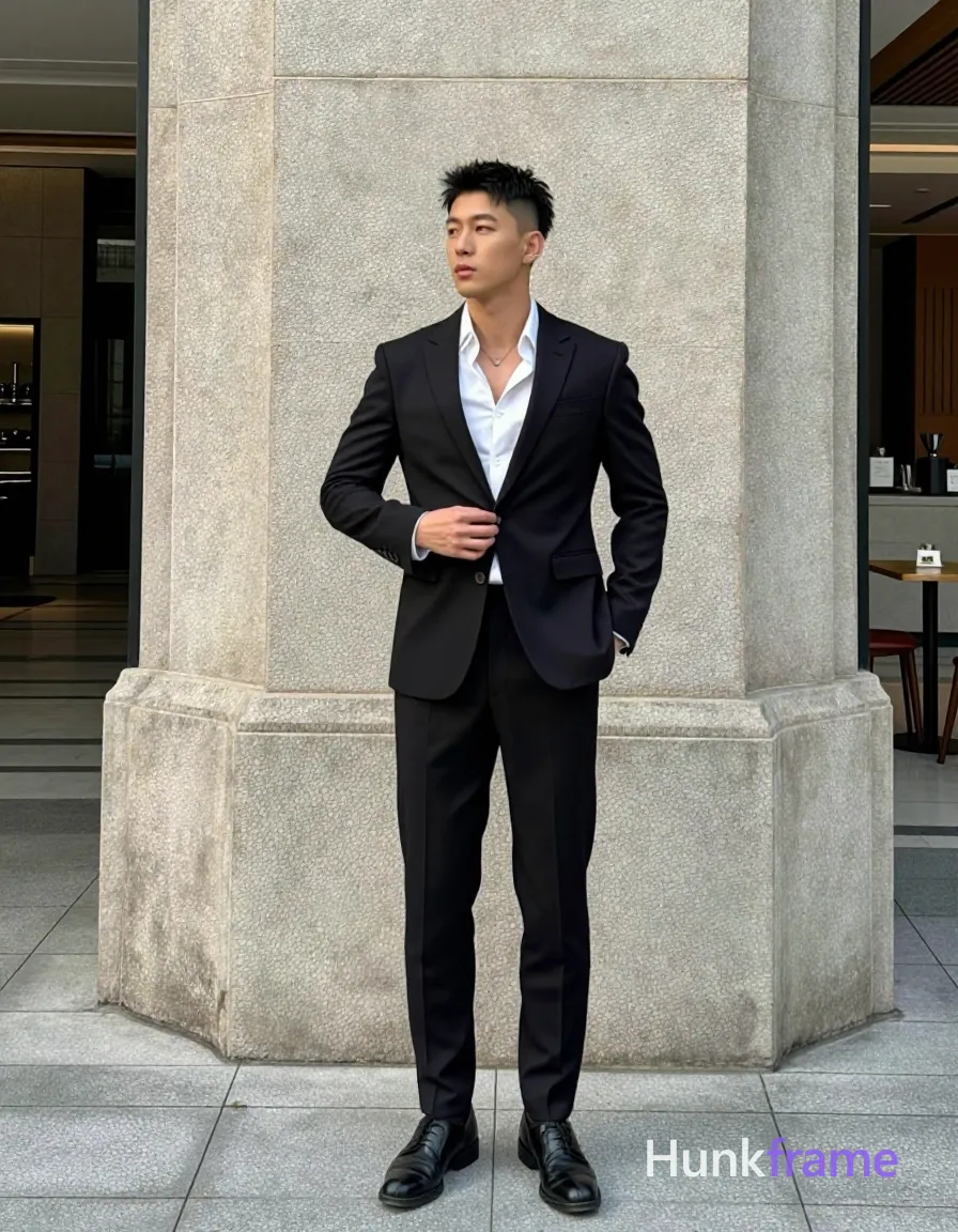 Asian man with short textured black hair styled upward and back, clean-shaven face, neutral composed gaze directed away from camera; He stands upright against a curved stone building in an outdoor urban daylight setting, left hand deep in pants pocket, right hand adjusting the button on his white collared dress shirt near waistline while wearing a tailored black two-piece suit with top buttons undone at neck; Full-body shot from head to shoes centered vertically occupying central third of frame horizontally, shot on iPhone 15 Pro main camera, authentic smartphone computational photography, natural Smart HDR, vertical 9:16 Xiaohongshu lifestyle post, bright clean gym or cafe scene, wardrobe matching reference outfit, confident everyday blogger pose, phone photo with natural grain; single clean uninterrupted photograph with a cohesive editorial composition and plain continuous surrounding surfaces