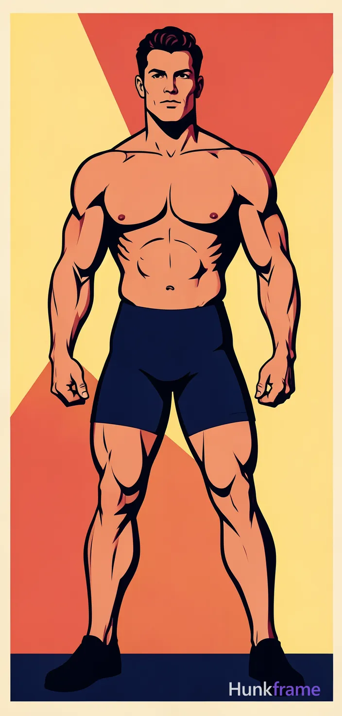 bold flat-color poster illustration, minimal graphic silhouette, high-contrast color blocking, clean vector line print-ready wall-art composition no text retro travel-poster pose vintage mid-century gym-culture propaganda art-deco figure study clear focal gesture handsome muscular man thick thighs defined biceps lean torso wearing only navy blue compression shorts standing confidently in dynamic athletic stance