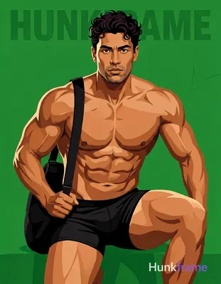 A bold flat-color wall art graphic of a muscular adult man with dark short slightly wavy hair and cl