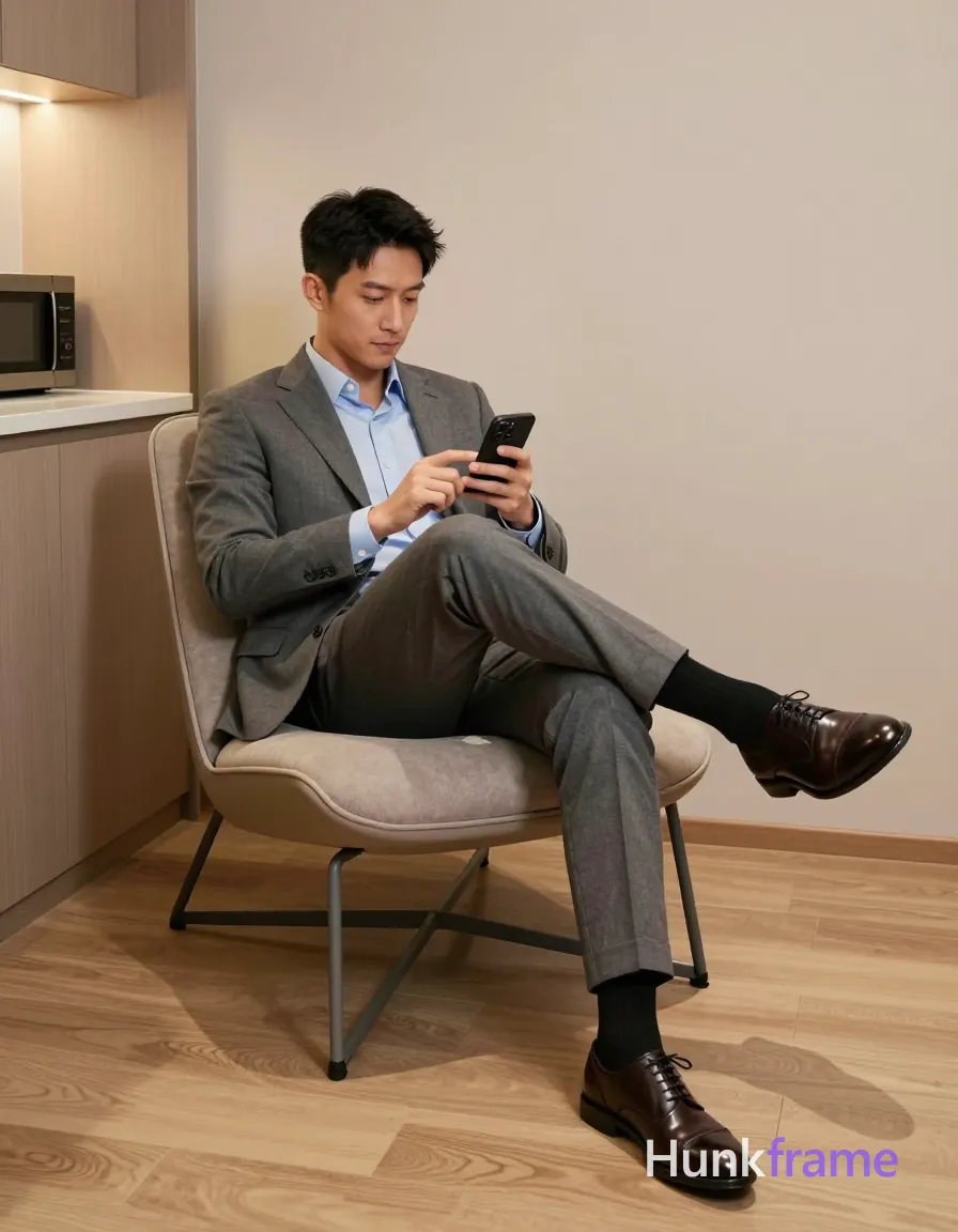 Adult man reclining on a modern lounge chair, legs crossed with right foot resting over left knee, torso leaning back against cushioned seat; He wears an open grey suit jacket revealing neck and collarbone area visible due to unbuttoned light blue button-down shirt top buttons undone, matching grey tailored trousers cuffed at ankles, black dress socks pulled up fully, dark brown leather oxford shoes; Holding a black smartphone in both hands near chest level, thumbs positioned to interact with screen, focused relaxed expression looking down; Modern interior space with light wood flooring and beige walls visible on left side including countertop and microwave oven; Soft ambient indoor lighting creating gentle shadows under furniture along floorboards emphasizing sculpted form; Clean lines minimalist aesthetic warm tones dominating scene composition vertical portrait orientation full body shot from head to feet right side of frame; single clean uninterrupted photograph with a cohesive editorial composition and plain continuous surrounding surfaces