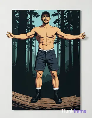 A bold flat-color wall art graphic of a shirtless Caucasian man with light mediu