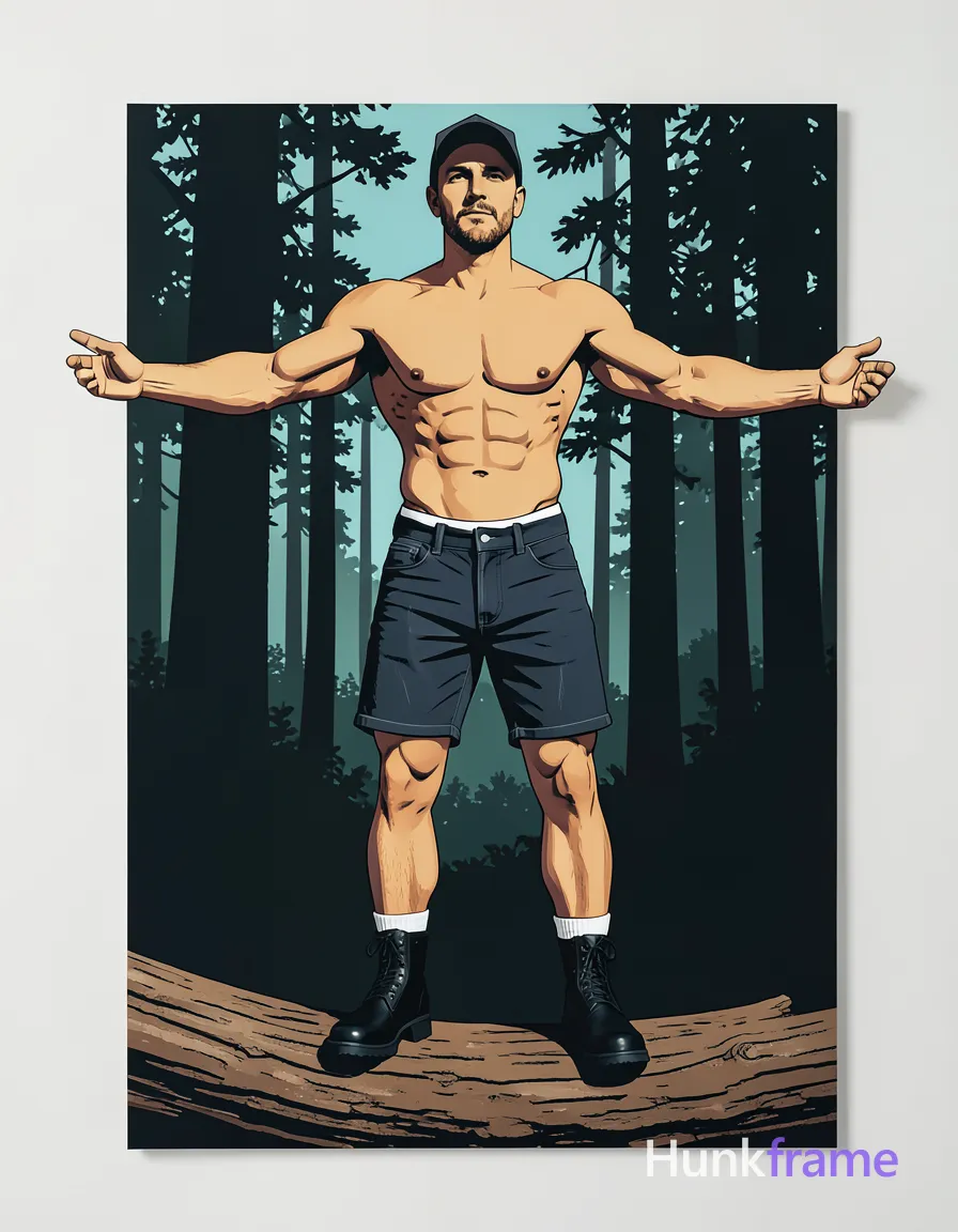 A bold flat-color wall art graphic of a shirtless Caucasian man with light medium tan skin standing on a fallen log; The composition uses high-contrast color blocking to emphasize his broad shoulders, defined pectorals, six-pack abs, and thick thighs against the forest background; He wears dark denim shorts showing the white an anonymous figure waistband, black rubber boots, and white crew socks while balancing with arms extended outward under a cap; single clean uninterrupted photograph with a cohesive editorial composition and plain continuous surrounding surfaces