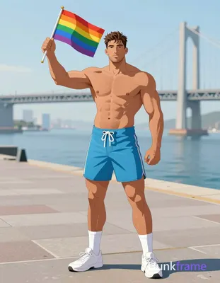 Polished anime style rendering of a shirtless caucasian man with tanned skin and light stubble stand