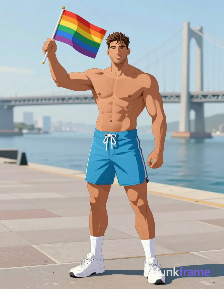 Polished anime style rendering of a shirtless caucasian man with tanned skin and light stubble standing on a paved waterfront promenade. He holds a rainbow flag high in his right hand while wearing light blue board shorts, white crew socks, and white lace-up sneakers. His muscular chest, shoulders, defined abdominal muscles, and thick calves are depicted with athletic anatomy under bright natural sunlight from the upper left. The background shows a large suspension bridge softly blurred by shallow depth of field., a single uninterrupted photograph only, no written words or typography anywhere in frame, no captions, no app UI, no social-media post layout, no screenshot borders