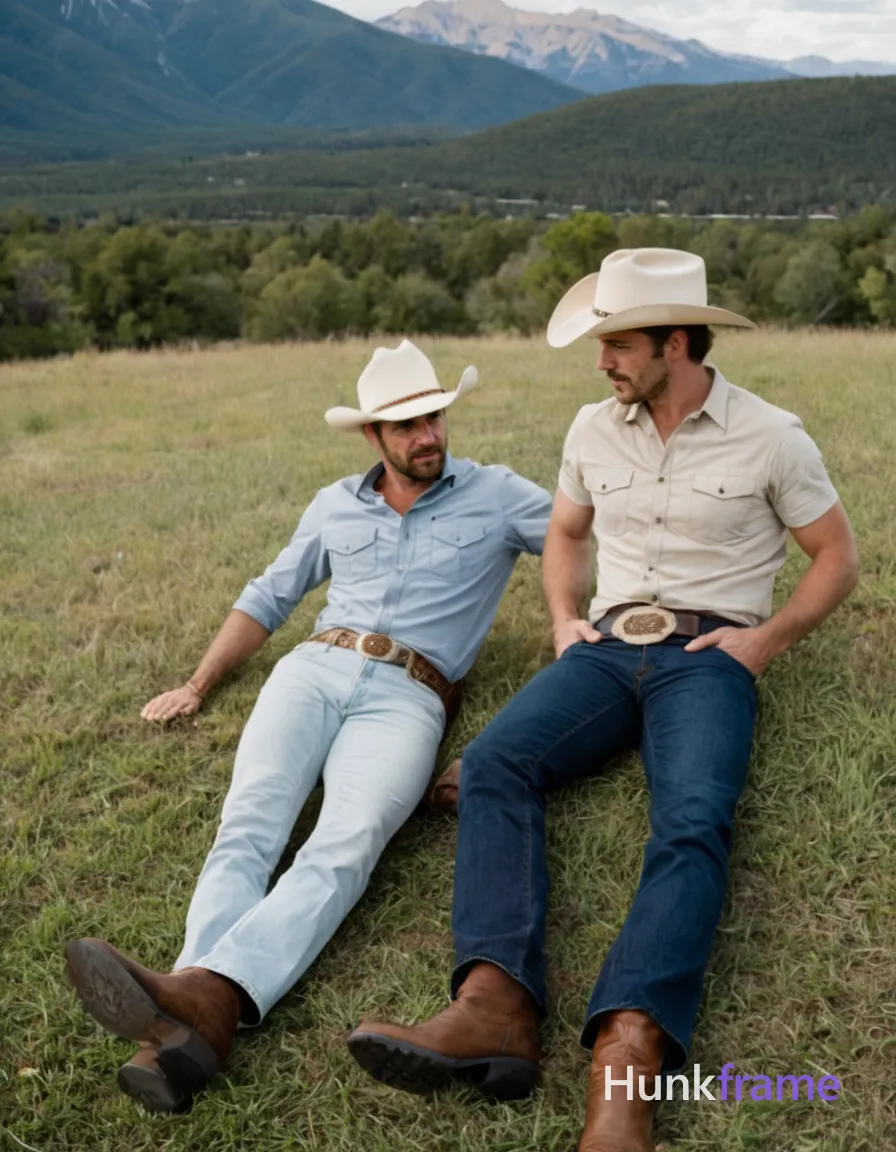 Two adult men in a wide-angle outdoor fashion editorial. Man on the right stands back to camera with arms relaxed, wearing white t-shirt and light-colored jeans, beige cowboy hat with dark band detail; thick thighs visible. Man on left lies reclining in grass facing away, dressed in dark blue denim shirt buttoned up, black pants, brown belt with metallic buckle, black cowboy hat, patterned hiking boots. Full-body to mid-thigh framing captures the serene landscape atmosphere under bright natural daylight. Soft shadows indicate high sun angle over a green hillside with distant mountains and sparse vegetation. Naturalistic photography style, clean composition