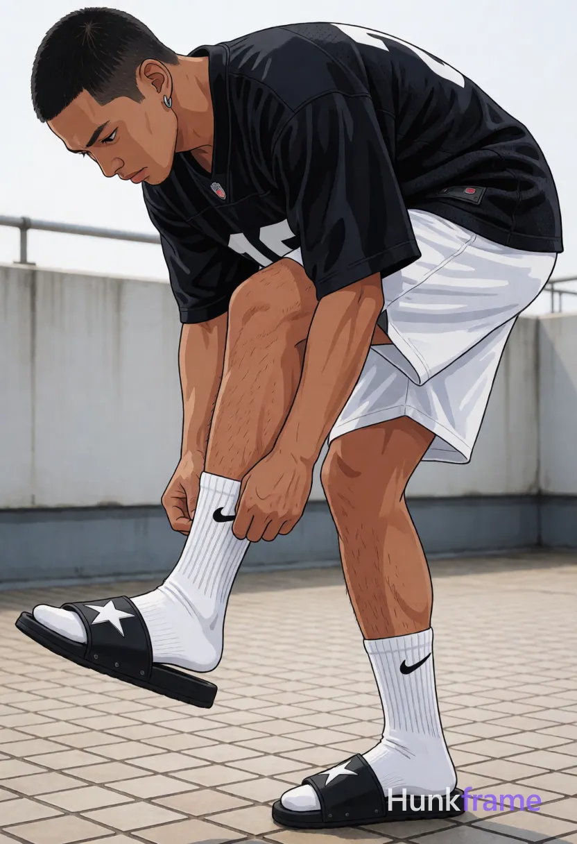 Polished anime style rendering of an Asian man with medium-tan skin and short black buzz cut, clean-shaven face with light stubble; He stands on a tiled rooftop terrace in diffuse daylight, leaning forward to pull up a white Nike crew sock over his right ankle while wearing black an anonymous figure jersey and white athletic shorts exposing thick thighs and defined calves; Left foot planted flat in a black slide sandal with white star detail; Focused downward gaze, silver hoop earring visible on left earlobe; Vertical 13:19 composition emphasizing the action of adjusting fit; single clean uninterrupted artwork with a cohesive composition and plain continuous surrounding surfaces
