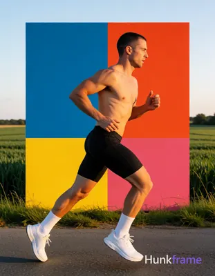 Adult man with short buzz cut dark brown hair and short stubble running mid-stride on a paved rural 