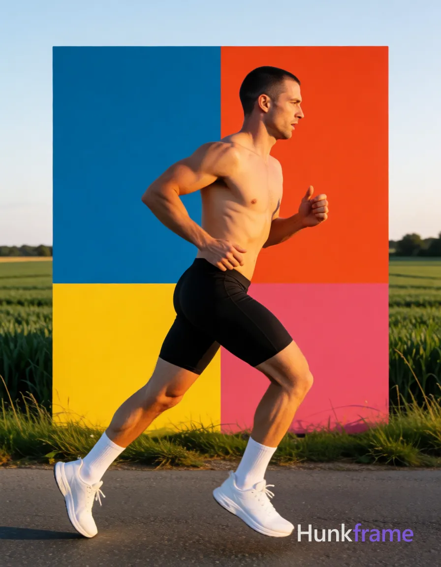 Adult man with short buzz cut dark brown hair and short stubble running mid-stride on a paved rural road, shirtless showing broad shoulders defined pectorals six-pack abs thick thighs lean calves wearing black compression shorts white crew socks pulled up above ankles and white athletic shoes bold flat-color poster wall-art graphic design high-contrast color blocking clean vector line no text focused forward gaze while running arms pumping in motion golden hour sunlight from left side casting warm highlights clean composition centered against green fields under clear sky vertical portrait orientation full-body shot slight right-side profile view, same aesthetic theme and photo feel as the reference but a different man in a different pose with distinct body proportions, German man, fair skin, strong brow ridge, lean cyclist legs; single clean uninterrupted photograph with a cohesive editorial composition and plain continuous surrounding surfaces
