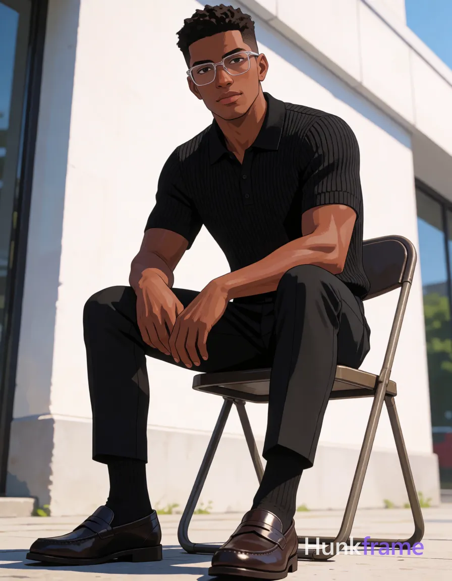 Polished anime 2.5D render of an adult man with medium-dark skin and short textured dark hair seated on a folding chair outdoors; He wears clear-framed rectangular glasses, black ribbed polo shirt, slim-fit trousers, mid-calf socks, and leather loafers; His physique features broad shoulders, defined pectorals, deltoids, and thick thighs with visible quadriceps definition under high-contrast natural sunlight; Left leg extended flat on ground, right knee bent near thigh, hands resting on legs; Low angle full-body composition centered against a white building facade; The adult man visibly wears clear-framed glasses with thin metal rims, rectangular shape; preserve the exact frame shape, rim style, color, material, and lens tint; single clean uninterrupted artwork with a cohesive composition and plain continuous surrounding surfaces
