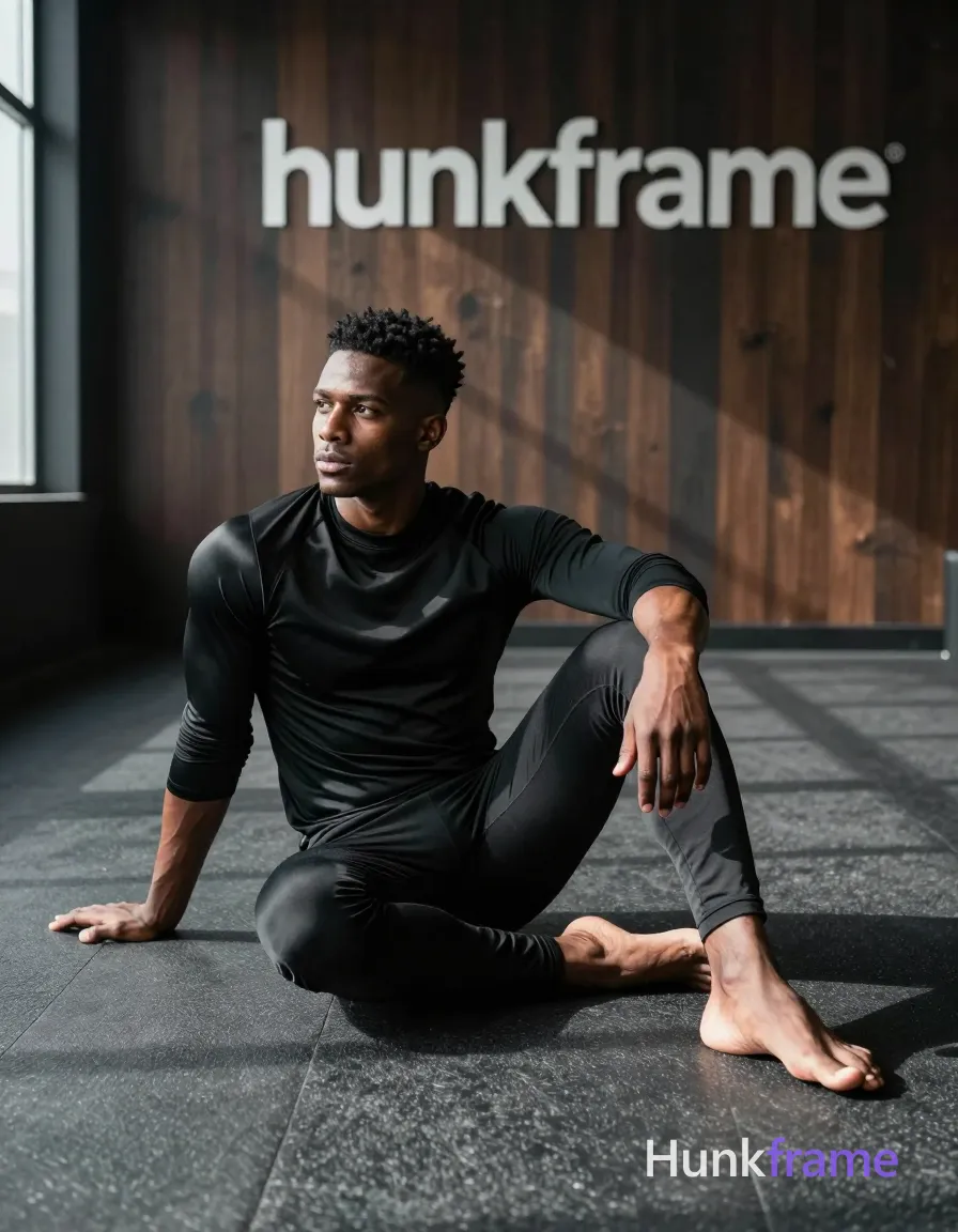 A handsome Black man with medium-dark skin and short curly black hair sits center-left on a textured rubber gym floor, fully clothed in a black long-sleeve mock-neck athletic shirt with sleeves rolled to mid-forearm and black fitted leggings. He maintains a lean build with right knee up, hand resting on thigh, left leg extended forward, gazing neutrally to the left. Dramatic directional sunlight streams from the left window casting strong shadows across dark wood-paneled walls and grey rubber flooring. High contrast sharp focus editorial lighting captures the contemplative mood in an 832x1216 vertical portrait orientation with a visible hunkframe wordmark on the gym wall sign. Include exactly one visible wordmark, spelled exactly "hunkframe", on the sign in the composition; preserve its appropriate typography and scale. No other visible text, logo, caption, username, hashtag, comment, watermark, or UI chrome., same aesthetic theme and photo feel as the reference but a different man in a different pose with distinct body proportions, Irish man, pale with red undertone skin, copper stubble, lean rugby build, a single uninterrupted photograph only, no written words or typography anywhere in frame, no captions, no app UI, no social-media post layout, no screenshot borders