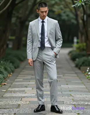 Asian man with short black buzz cut and clean-shaven skin stands upright on a st