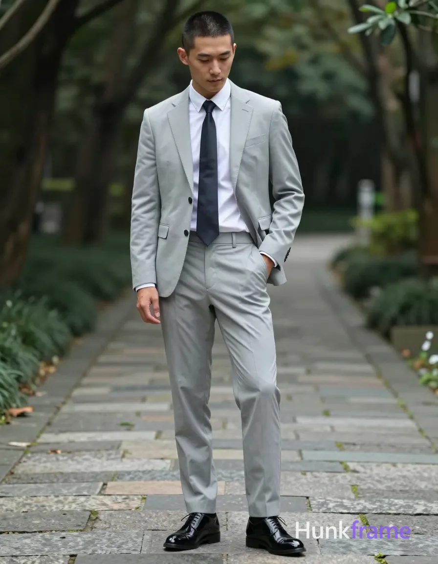 Asian man with short black buzz cut and clean-shaven skin stands upright on a stone path, left hand in light gray suit pocket, right arm relaxed; He wears a white dress shirt with striped collar detail under open lapels of the tailored jacket, dark solid tie knotted neatly against chest, and polished black patent leather oxford shoes; Standing slightly angled to reveal broad shoulders and thick thighs, head tilted down looking toward ground with neutral contemplative expression in an outdoor wooded trail setting; Sculpted lighting emphasizes form and fabric texture while cinematic depth of field blurs background trees slightly to isolate subject, same aesthetic theme and photo feel as the reference but a different man in a different pose with distinct body proportions, Japanese man, soft masculine features, straight black hair, slim dancer build; single clean uninterrupted photograph with a cohesive editorial composition and plain continuous surrounding surfaces