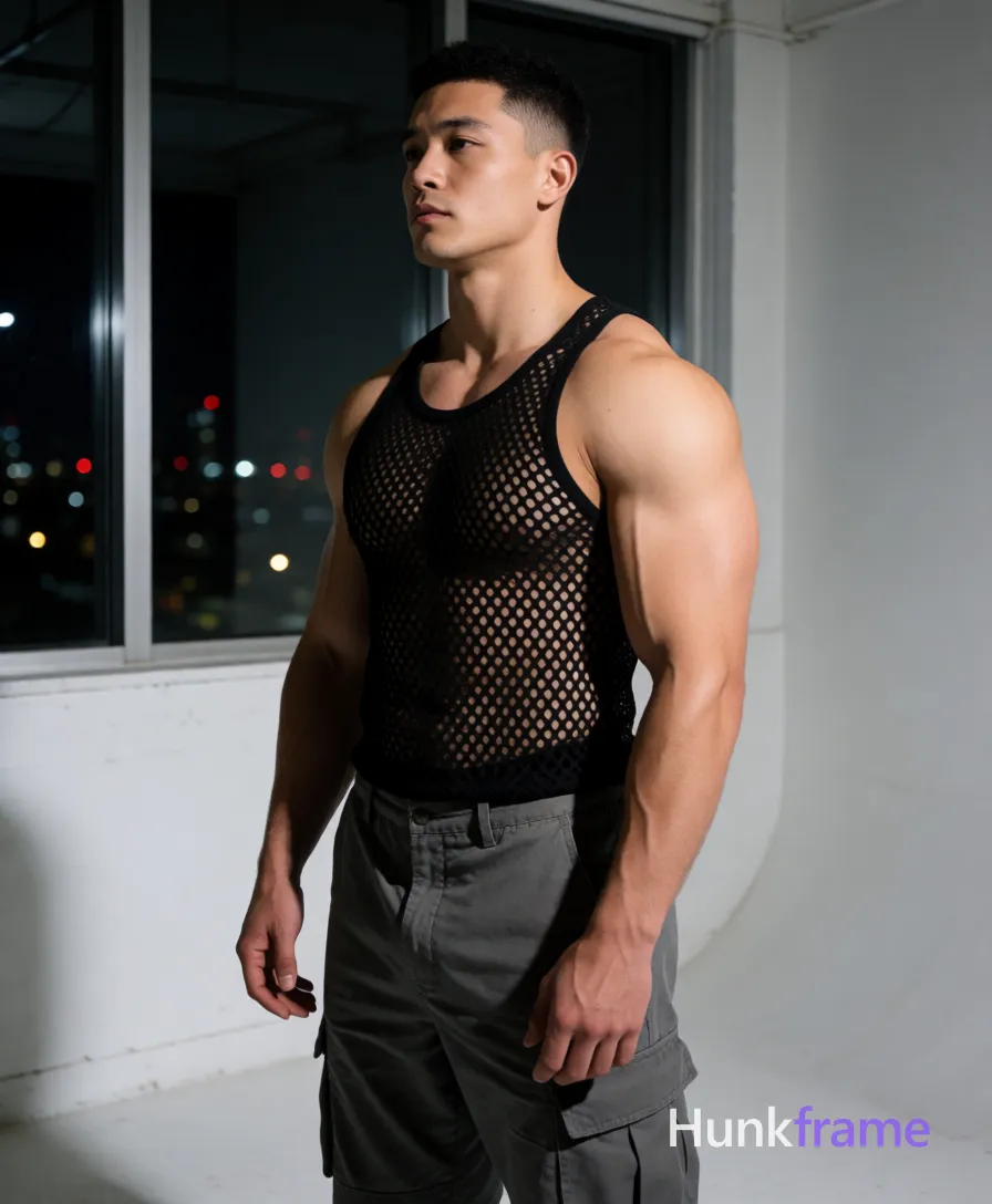 Heavily muscular adult man with substantial muscle mass, wide shoulders, thick neck, large chest and arms, powerful thighs, and dense bodybuilding proportions; Asian man with light medium tan skin sheen and black short textured crop hair, clean-shaven face serene expression eyes closed head tilted back; Standing upright torso angled left pulling up black sheer diamond-patterned mesh tank top exposing bare chest abs thick thighs wearing grey cargo pants waistband mid-thigh; Indoor night setting white wall large window city lights background dramatic directional lighting front-right high contrast fine-art photography aesthetic vertical portrait full-body shot from thighs up to head, same aesthetic theme and photo feel as the reference but a different man in a different pose with distinct body proportions, Slavic man, pale skin, ash blond stubble, tall athletic frame; single clean uninterrupted photograph with a cohesive editorial composition and plain continuous surrounding surfaces