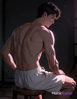 Polished anime 2.5D next-gen game art of an adult masculine man, shirtless and seated on a wooden st