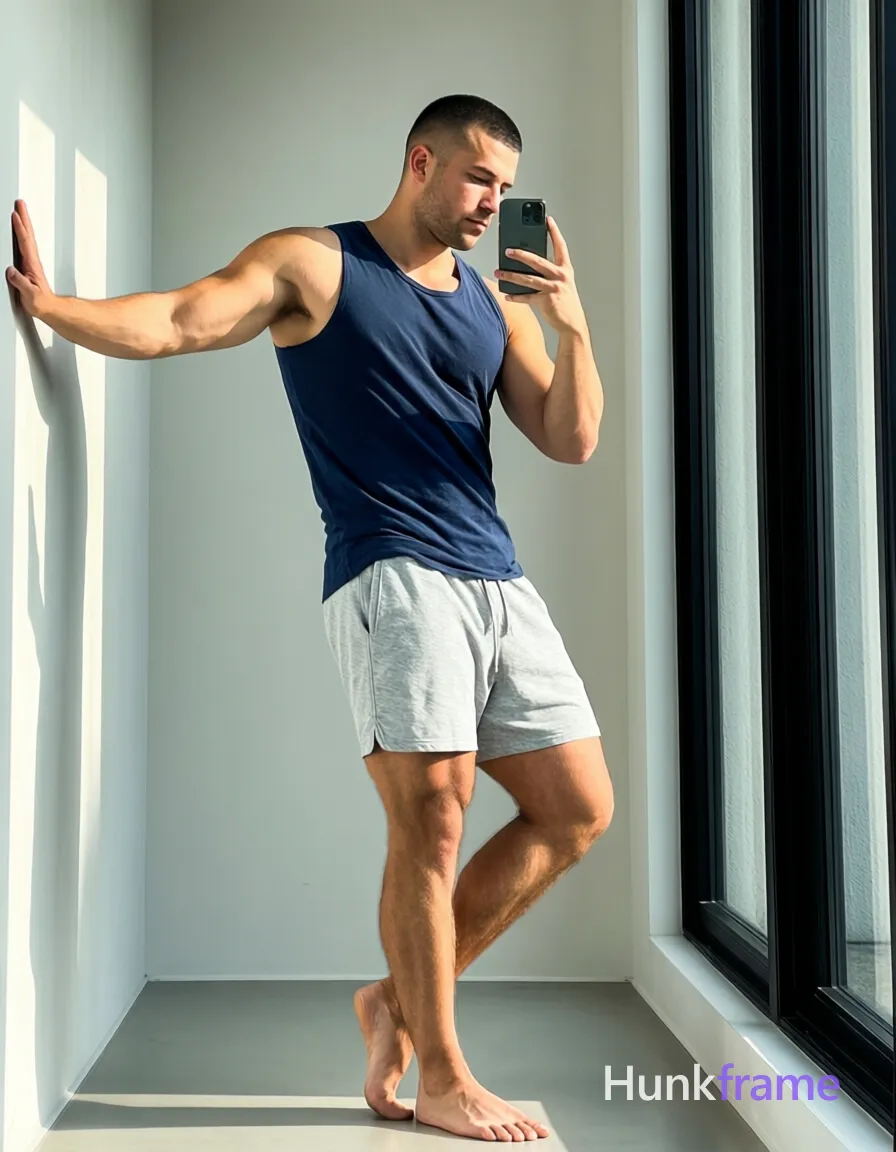 an anonymous figure man with short black buzz cut and clean-shaven face, standing sideways in a minimalist room corner; He wears a dark blue sleeveless tank top covering his torso completely from neck to waistline with crew neckline; light gray loose athletic shorts ending mid-thigh with visible side pockets; Broad shoulders, defined pectorals, toned arms, thick quadriceps and calves are highlighted by natural sunlight streaming through tall floor-to-ceiling windows with black frames; Weight shifted onto right leg while left foot is slightly lifted off ground in relaxed stance; right arm extended along wall, palm flat against surface; Left hand holds dark smartphone for mirror selfie capture; Full-body shot from head to shoes with slight upward angle capturing entire figure within architectural space centered vertically; Clean lines, naturalistic skin textures, high dynamic range rendering of sunlight effects creating deep shadow zones on left flank enhancing three-dimensional form, shot on iPhone 15 Pro main camera, authentic smartphone computational photography, natural Smart HDR, vertical 9:16 Xiaohongshu lifestyle post, bright; single clean uninterrupted photograph with a cohesive editorial composition and plain continuous surrounding surfaces