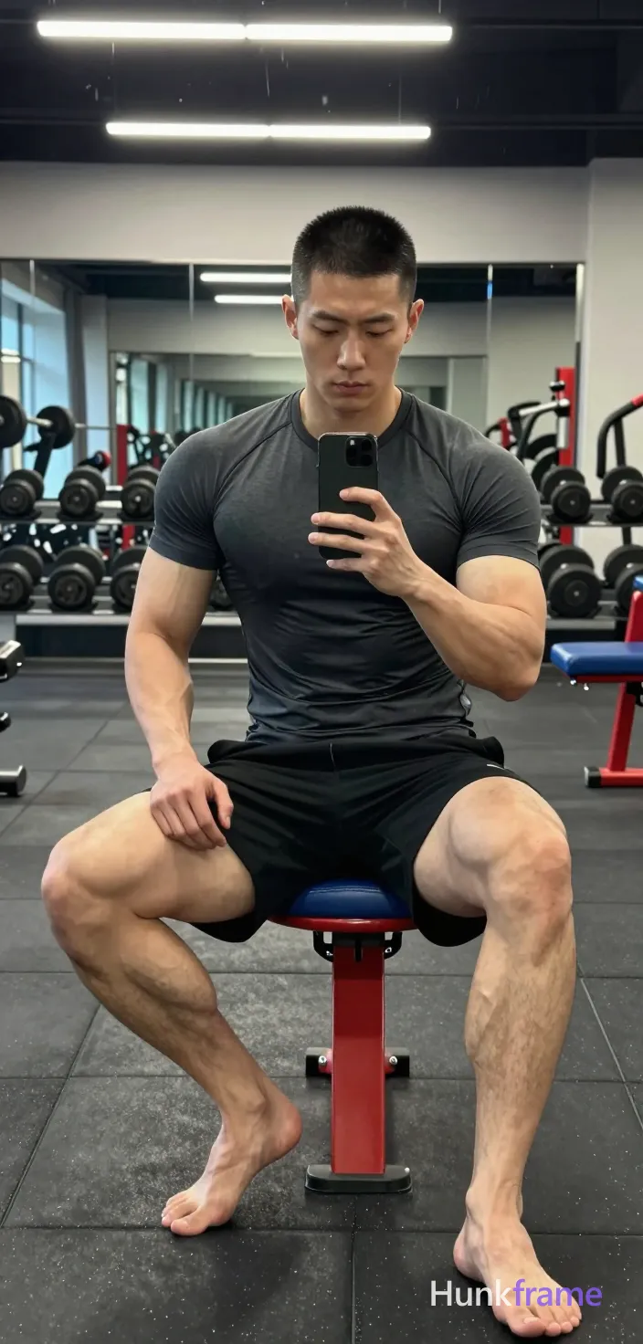 Asian man, light-medium skin tone, short black buzz cut straight texture high forehead clean hairline, clean-shaven face neutral pensive gaze at phone screen; Seated on red stool with blue cushion gym interior right leg bent foot flat floor left leg crossed over right knee left hand resting on left thigh holding black smartphone mirror selfie action dark grey fitted short-sleeve t-shirt covering torso completely black athletic shorts ending mid-thigh fully clothed broad shoulders defined biceps triceps thick thighs visible quadriceps definition; Gym equipment dumbbell rack mirrors background grey rubber flooring overhead fluorescent lighting even illumination directional light sculpting anatomy confident strength vertical portrait 13:19 aspect ratio; single clean uninterrupted photograph with a cohesive editorial composition and plain continuous surrounding surfaces