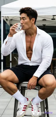 Asian man with light-medium skin and dark brown short hair styled high, clean-sh
