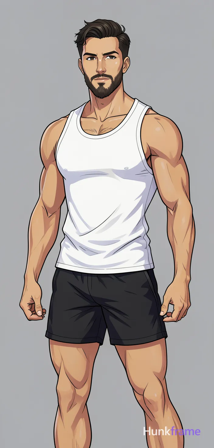 freshly generated candid Xiaohongshu lifestyle photo, brand new full-body composition with a different pose, camera angle and background, both hands relaxed, not a mirror selfie, not a copy of any reference image, white sleeveless tank top (fully covering torso), black athletic shorts ending mid-thigh, broad shoulders, defined pectorals, thick thighs, muscular calves, authentic social-feed lifestyle mood, reference lighting and color treatment: anime illustration style, soft studio lighting on plain gray background, clean lines and smooth shading with stylized muscular anatomy, same aesthetic theme and photo feel as the reference but a different man in a different pose with distinct body proportions, Turkish man, olive skin, aquiline nose, lean hairy chest editorial look, a single uninterrupted photograph only, no written words or typography anywhere in frame, no captions, no app UI, no social-media post layout, no screenshot borders