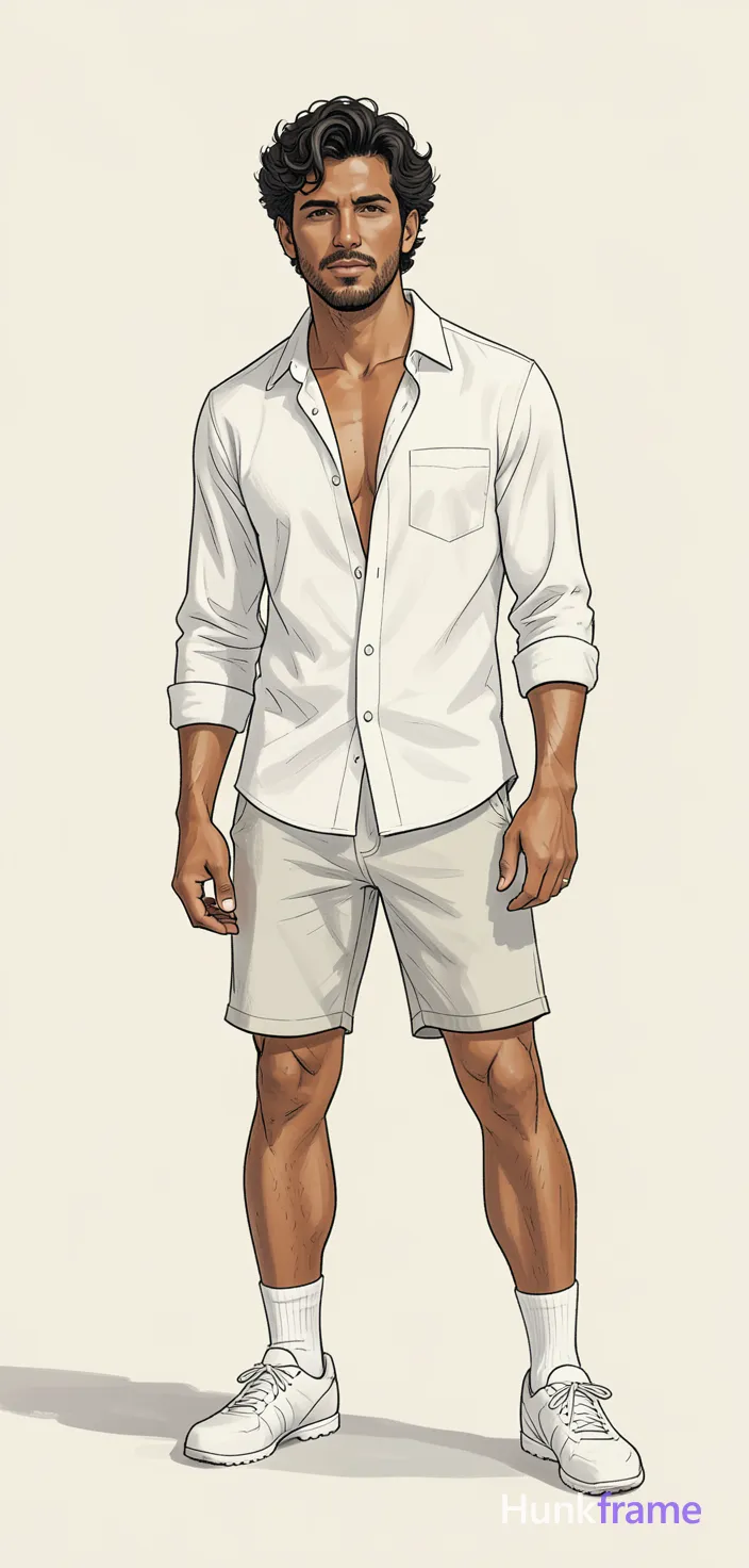 freshly generated candid Xiaohongshu lifestyle photo, brand new full-body composition with a different pose, camera angle and background, both hands relaxed, not a mirror selfie, not a copy of any reference image, white button-up shirt worn open at the chest, lean build, authentic social-feed lifestyle mood, reference lighting and color treatment: illustration with soft lighting and a muted palette of white, cream, and grey, sketchy lines and minimalist shading create an intimate atmosphere, same aesthetic theme and photo feel as the reference but a different man in a different pose with distinct body proportions, Mexican man, bronze skin, strong jaw, thick wavy hair, soccer-player lean legs, a single uninterrupted photograph only, no written words or typography anywhere in frame, no captions, no app UI, no social-media post layout, no screenshot borders