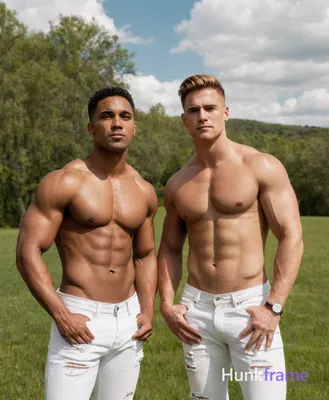 Two muscular men standing side by side in a full-body crop with soft natural lig