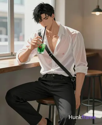 an anonymous figure adult men in polished anime 2.5D next-gen game art style left seated on dark sto