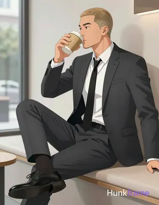 Asian man with short buzz cut and clean-shaven face in profile, holding beige disposable coffee cup 