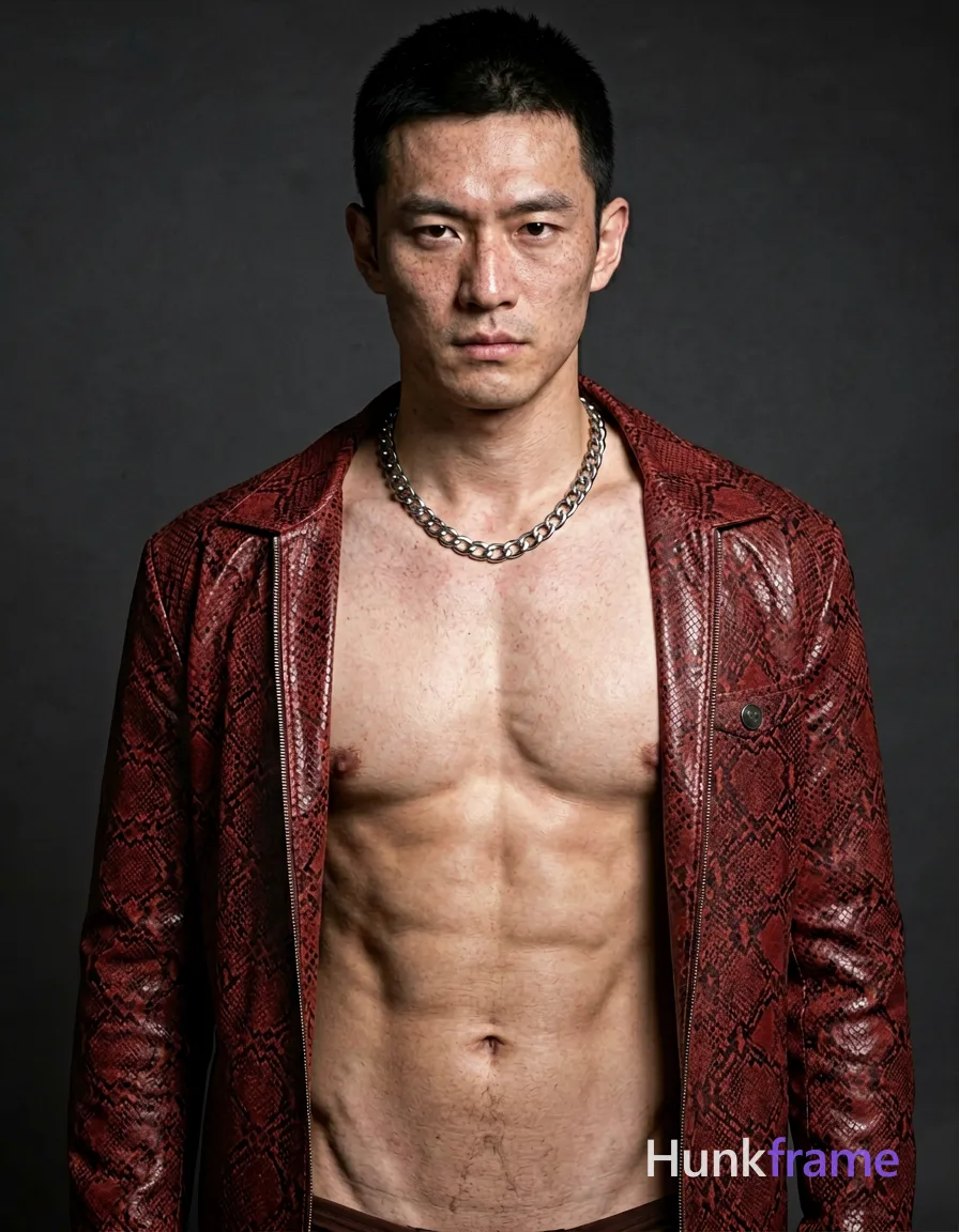 A white man with fair freckled skin and short dark cropped hair faces the camera head-and-shoulders, shirtless displaying a lean build and defined jawline. He wears an open red-brown snakeskin-patterned jacket over silver metallic chains around his neck in a studio setting. Dramatic directional lighting from front-left highlights his physique against a plain dark gray background. This vertical portrait captures intense masculine mood with direct gaze. Include exactly one visible wordmark, spelled exactly "HUNKFRAME", in the same compositional text position; preserve its appropriate typography and scale. No other visible text, logo, caption, username, hashtag, comment, watermark, or UI chrome., same aesthetic theme and photo feel as the reference but a different man in a different pose with distinct body proportions, Japanese man, soft masculine features, straight black hair, slim dancer build, wearing underwear or swim trunks, covered genitals, no frontal nudity, a single uninterrupted photograph only, no written words or typography anywhere in frame, no captions, no app UI, no social-media post layout, no screenshot borders